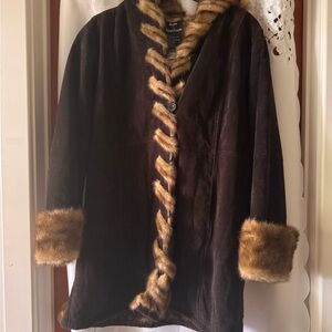 Dennis Basso Dark Brown Teddy Jacket with Faux Fur Trim